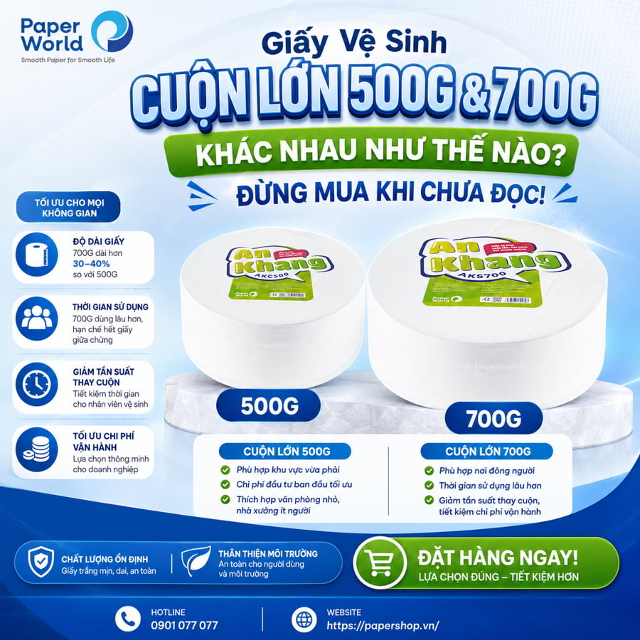giấy vệ sinh cuộn lớn 500g và 700g khác nhau như thế nào