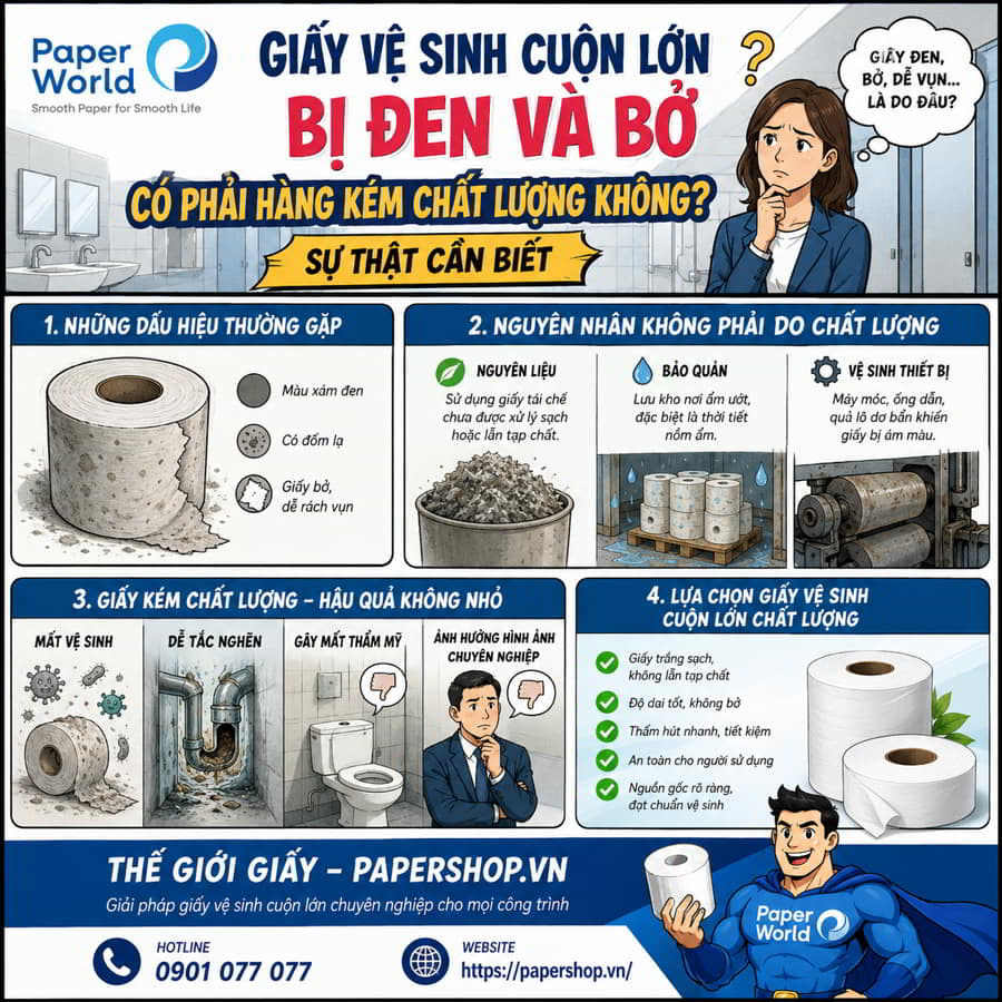 Giấy vệ sinh cuộn lớn bị đen và bở có phải hàng kém chất lượng không?