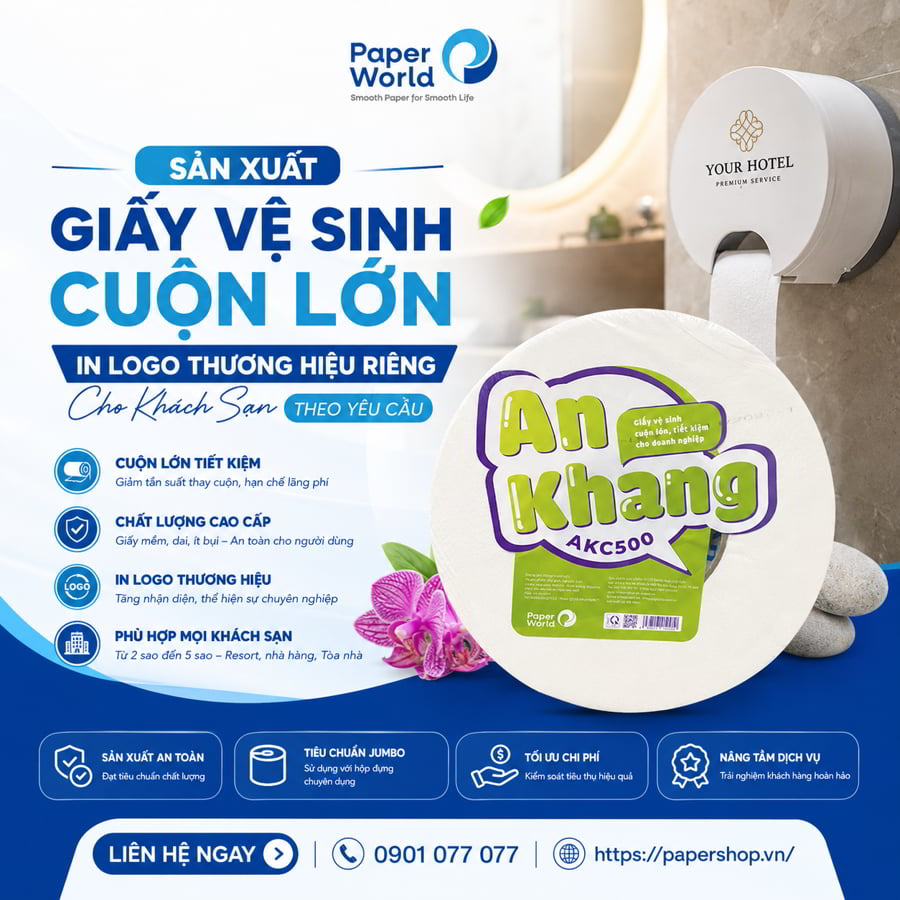 Giấy vệ sinh cuộn lớn in logo thương hiệu riêng cho khách sạn