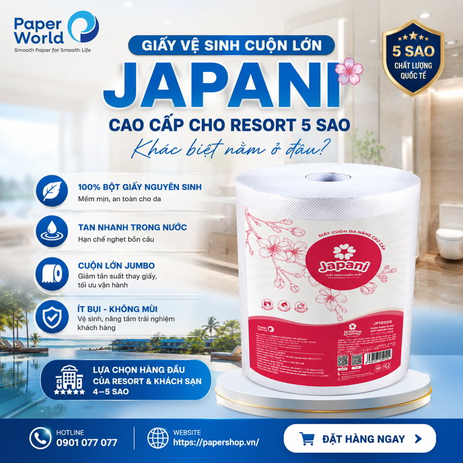 Giấy vệ sinh cuộn lớn Japani cao cấp cho Resort 5 sao