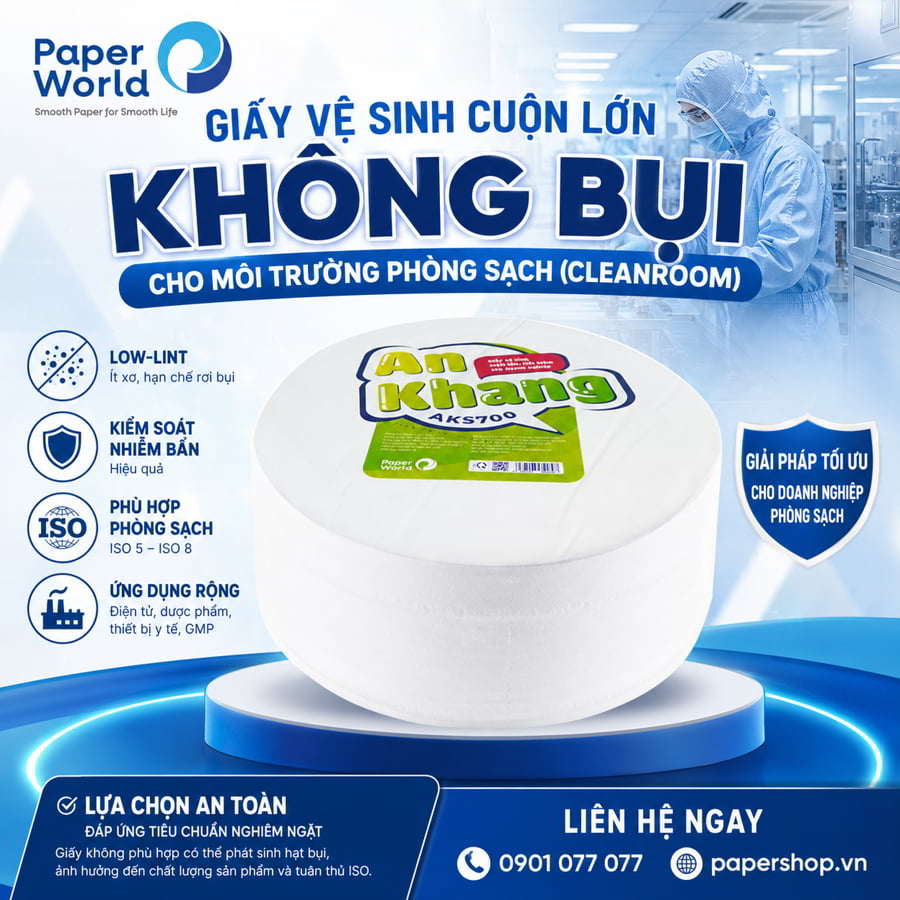 Giấy vệ sinh cuộn lớn không bụi cho môi trường phòng sạch (cleanroom)