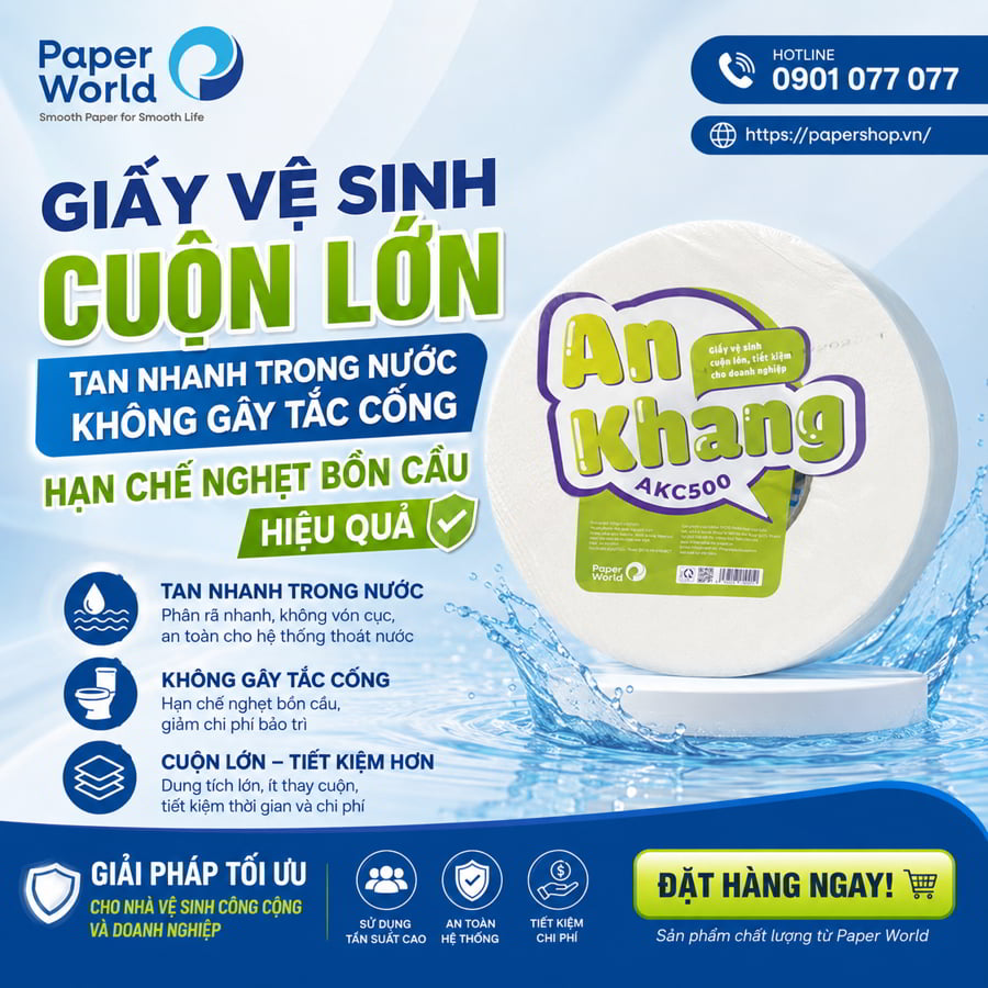 Giấy vệ sinh cuộn lớn tan nhanh trong nước không gây tắc cống