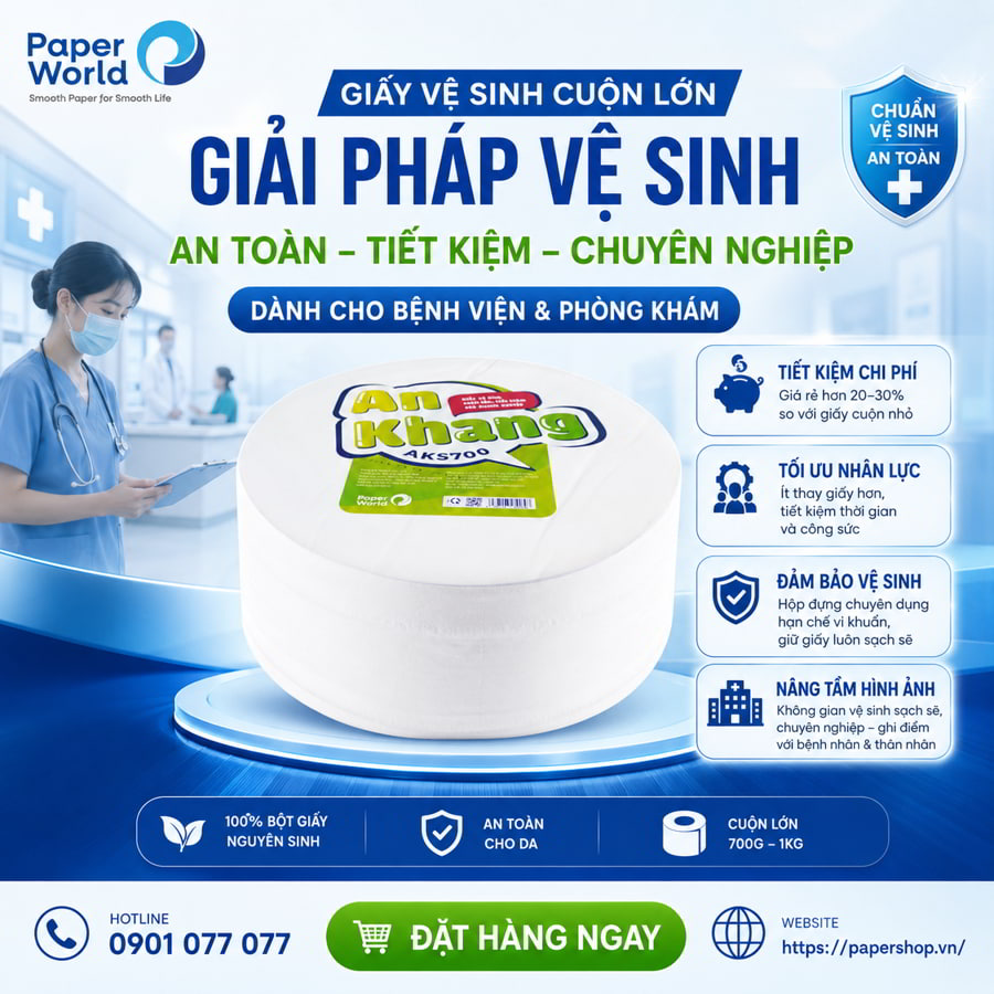 iệc sử dụng giấy vệ sinh cuộn lớn đạt chuẩn an toàn cho bệnh viện phòng khám mang lại nhiều lợi ích vượt trội so với các loại giấy thông thường. Không chỉ tối ưu chi phí vận hành, giấy cuộn lớn còn giúp nâng cao chất lượng phục vụ, đảm bảo môi trường luôn sạch sẽ – an toàn – chuyên nghiệp.