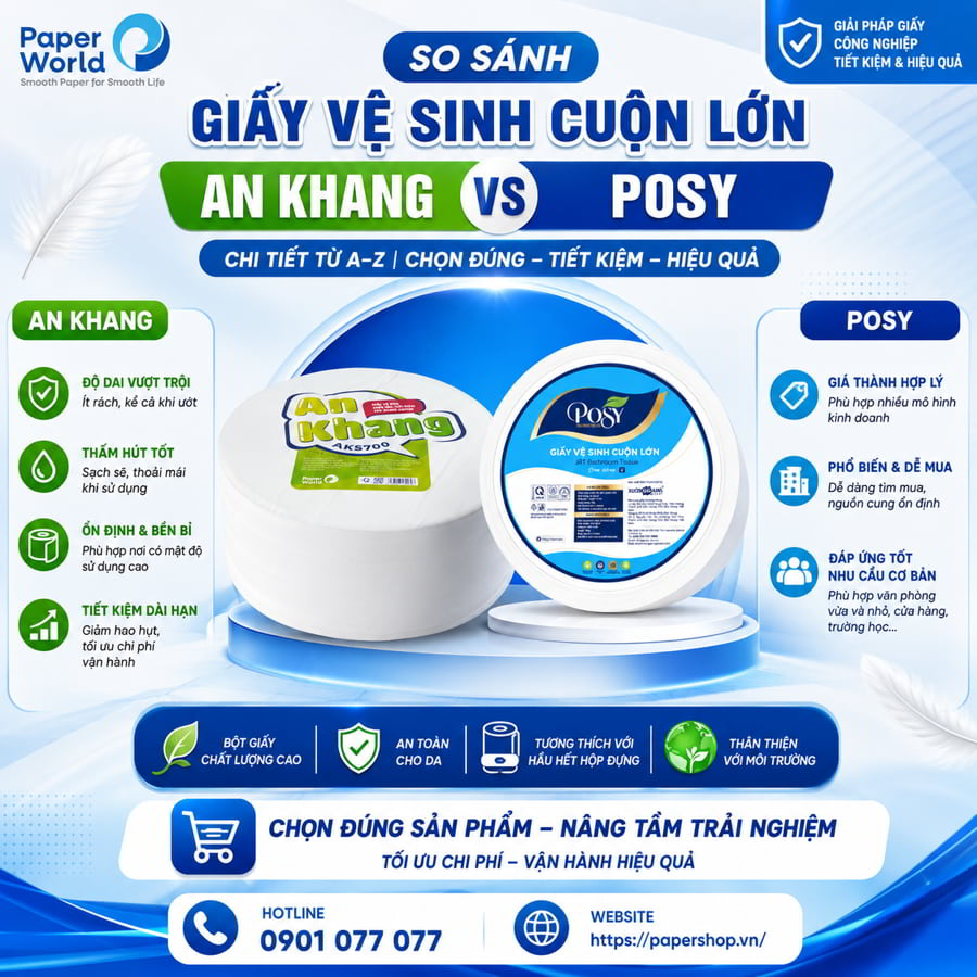 So sánh giấy vệ sinh cuộn lớn An Khang và giấy vệ sinh Posy