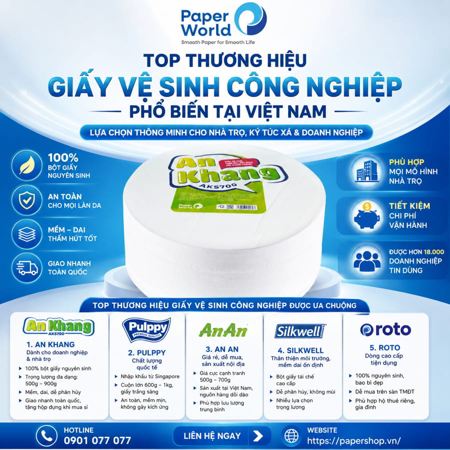 Khi lựa chọn giấy vệ sinh công nghiệp cho nhà trọ hoặc khu tập thể, bên cạnh yếu tố giá cả, bạn cần quan tâm đến uy tín thương hiệu, độ ổn định nguồn cung, độ mềm giấy và chính sách hỗ trợ.