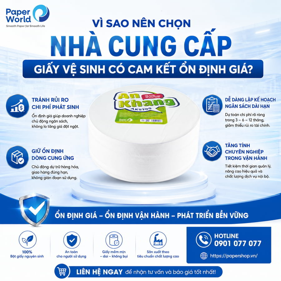 iệc tìm nhà cung cấp giấy vệ sinh có cam kết ổn định giá không chỉ là lựa chọn thông minh, mà còn là yếu tố chiến lược giúp doanh nghiệp vận hành bền vững.