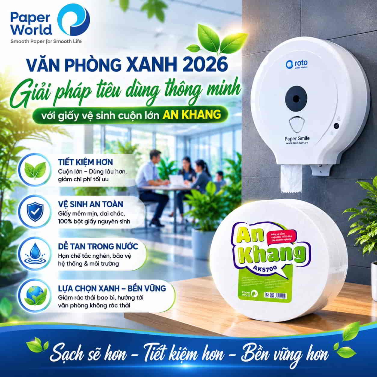 Xu hướng green office tối ưu vật tư tiêu hao với giấy vệ sinh An Khang