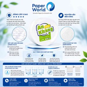 Giấy vệ sinh cuộn lớn AKS900 Paper World làm từ bột giấy nguyên sinh Virgin Pulp, độ bền kéo cao, tan nhanh trong nước dưới 10 giây, an toàn cho khách sạn, resort và hệ thống thoát nước.
