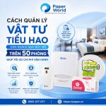 Banner Paper World giới thiệu giải pháp quản lý vật tư tiêu hao cho khách sạn quy mô trên 50 phòng với máy phân phối giấy, hộp đựng khăn giấy và các sản phẩm giấy giúp tối ưu chi phí vận hành.