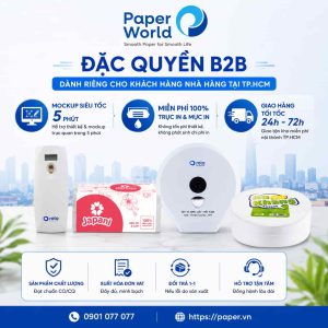 Infographic đặc quyền B2B của Paper World dành cho nhà hàng tại TP.HCM với miễn phí thiết kế, miễn phí mực in, mockup trong 5 phút và giao hàng nội thành 24–72 giờ.