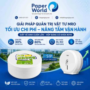 Giấy vệ sinh cuộn lớn An Khang AKS900 và hộp đựng giấy khóa Roto giúp doanh nghiệp tại KCN VSIP 1 và VSIP 2 tối ưu chi phí vận hành, giảm hao hụt vật tư và nâng cao hiệu quả quản lý MRO.