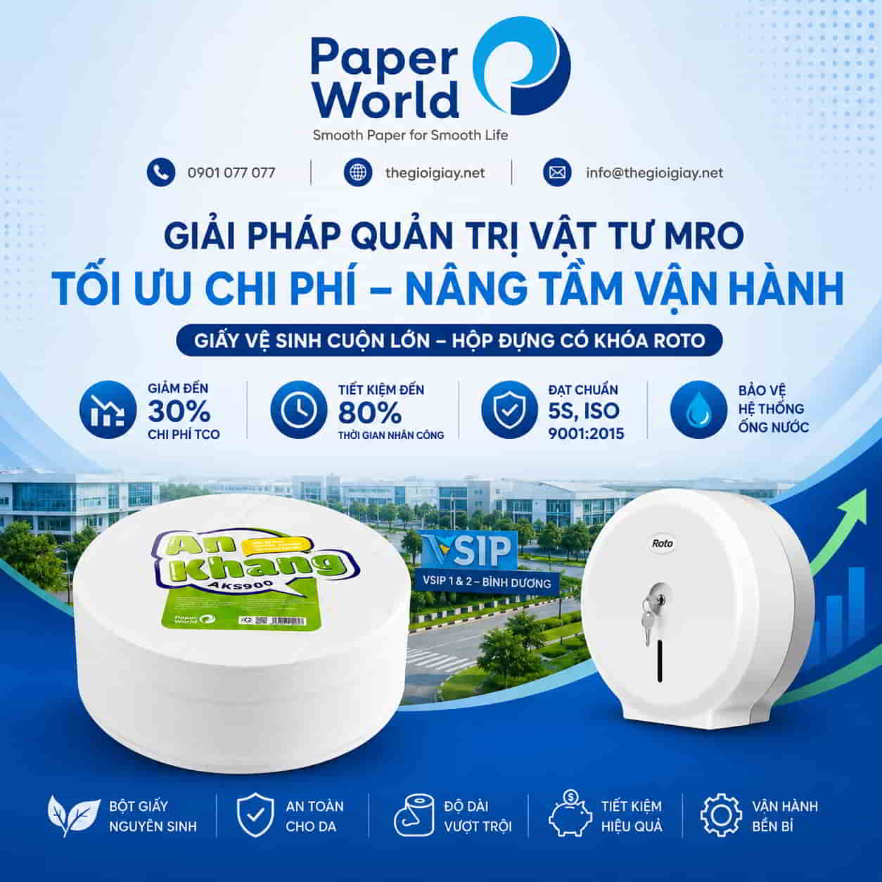 Giấy vệ sinh cuộn lớn An Khang AKS900 và hộp đựng giấy khóa Roto giúp doanh nghiệp tại KCN VSIP 1 và VSIP 2 tối ưu chi phí vận hành, giảm hao hụt vật tư và nâng cao hiệu quả quản lý MRO.