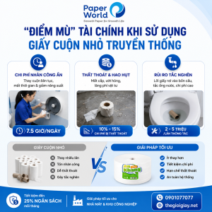 Infographic phân tích điểm mù tài chính khi sử dụng giấy vệ sinh cuộn nhỏ truyền thống gồm chi phí nhân công ẩn, thất thoát vật tư và rủi ro tắc nghẽn hệ thống nước thải.