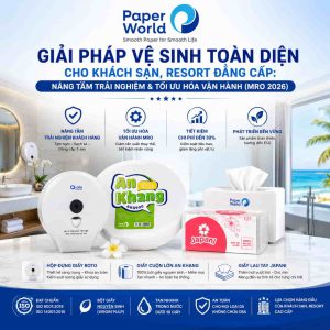 Giải pháp vệ sinh toàn diện cho khách sạn và resort cao cấp với giấy cuộn lớn An Khang, hộp đựng giấy Roto và giấy lau tay Japani giúp tối ưu chi phí vận hành MRO.