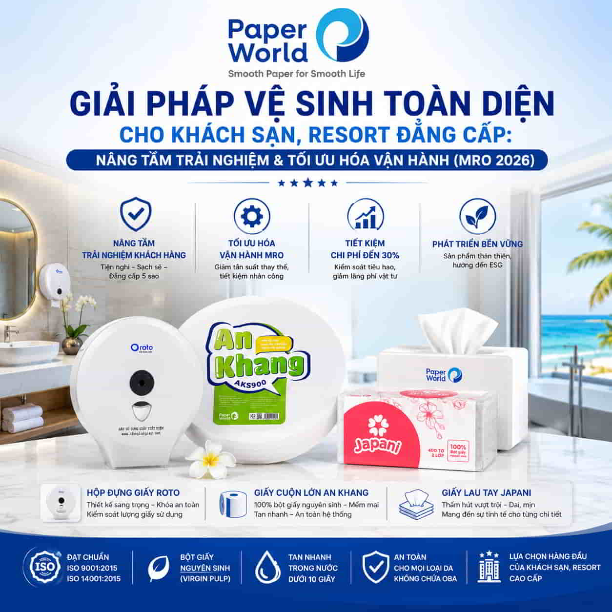 Giải pháp vệ sinh toàn diện cho khách sạn và resort cao cấp với giấy cuộn lớn An Khang, hộp đựng giấy Roto và giấy lau tay Japani giúp tối ưu chi phí vận hành MRO.