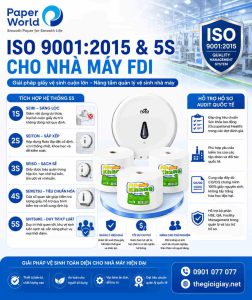 Infographic về ứng dụng giấy cuộn lớn Jumbo Roll trong hệ thống 5S và ISO 9001:2015, hỗ trợ quản lý vệ sinh nhà máy và kiểm tra Audit quốc tế.