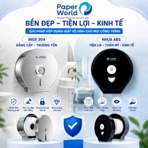Infographic so sánh hộp đựng giấy vệ sinh Inox 304 và nhựa ABS Roto, nổi bật các ưu điểm về độ bền, chống gỉ, chịu va đập, tính thẩm mỹ và tiết kiệm chi phí.