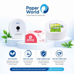 Paper World cung cấp giải pháp ESG cho khách sạn resort với giấy tiêu dùng thân thiện môi trường, dispenser giấy vệ sinh, giấy lau tay An Khang và dịch vụ vận hành 4 giờ.